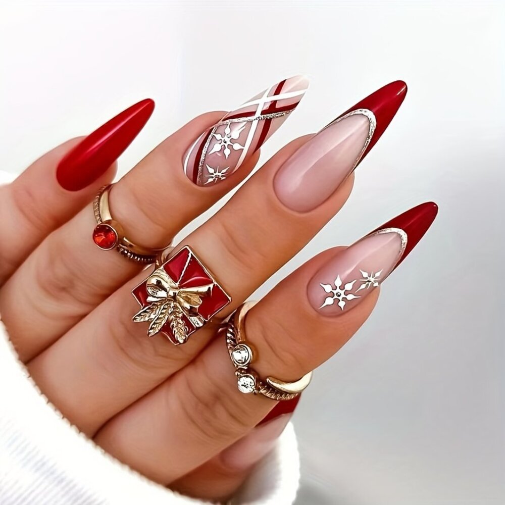 24pcs Christmas Press On Nails Set Long Almond Shape, Red & White with Snowflake